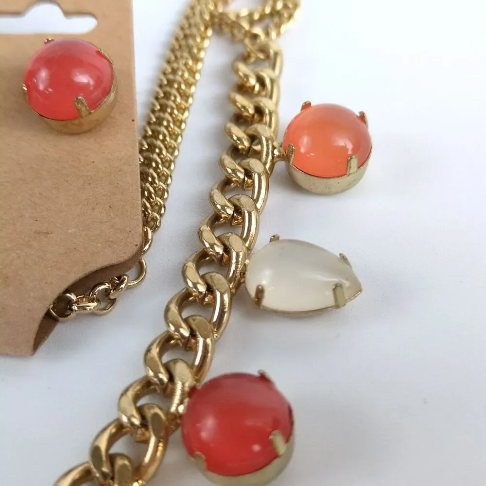 Peach & White Moonstone Goldtone Chain Necklace Earring Set Boho Estate‎ Jewelry